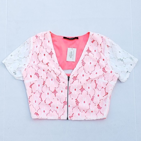 New Women's GUESS Zip-Front Woven Crop Top sz L - Picture 4 of 7